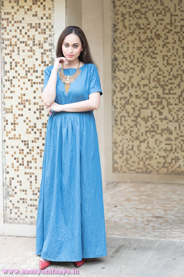 Divine Maxi Dress from Stalk Buy Love (Denim Dress) and Stilettos by Talons D'or with neckpiece by Perfekshan Designs